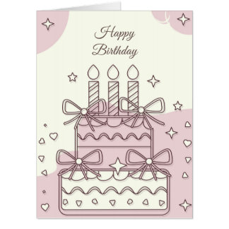Kawaii Birthday Cake Illustration with Hearts Card