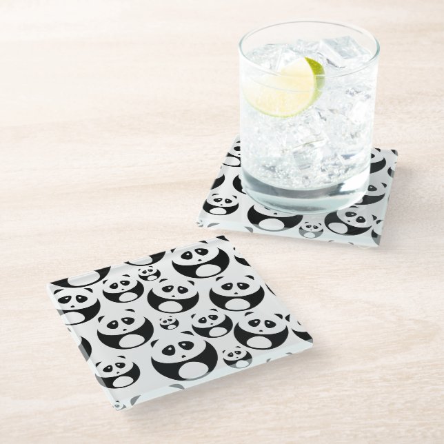 Kawaii Black and White Panda Pattern Glass Coaster (Angled)