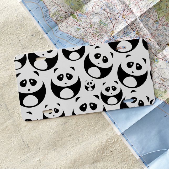 Kawaii Black and White Panda Pattern License Plate (In Situ)