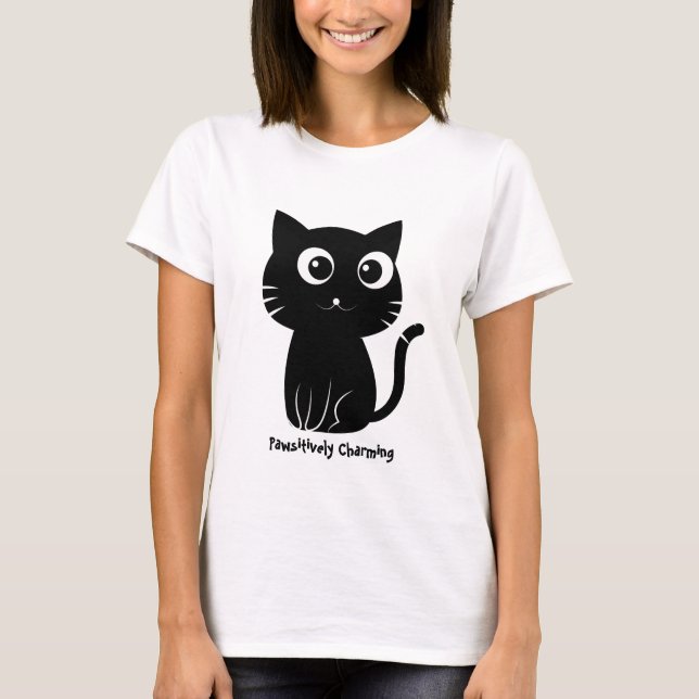 Kawaii Black Cat - Cute Cartoon Design T-Shirt (Front)