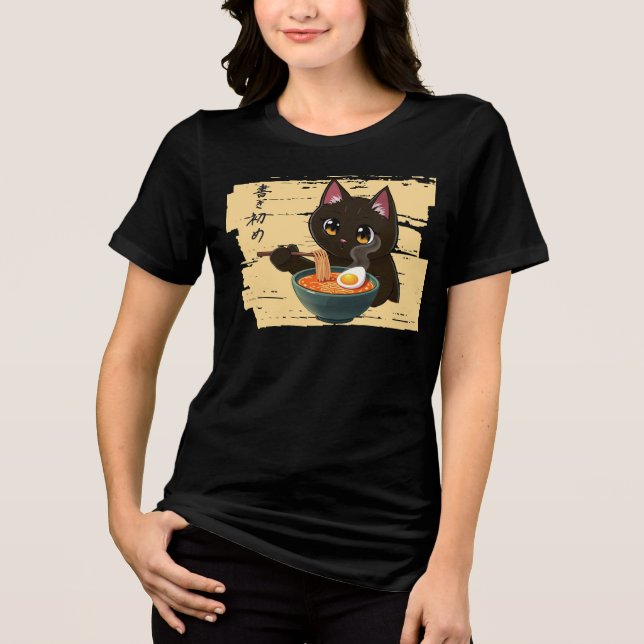 Kawaii Black Cat Eating Ramen – Cute Japanese Food Tri-Blend Shirt (Front)