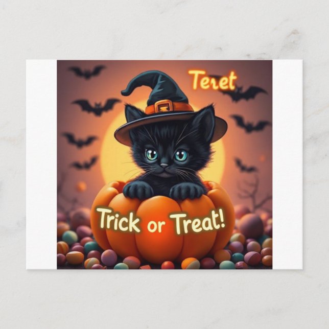 Kawaii Black Cat Halloween Postcard  (Front)