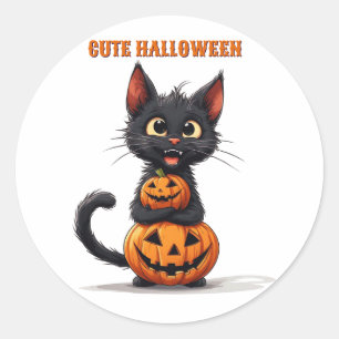 Kawaii Black Cat Hugging Pumpkin Halloween 🎃 Classic Round Sticker