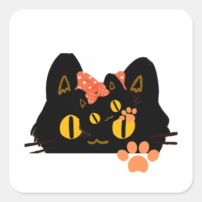 Kawaii Black Cat Peekaboo Art with Bow Square Sticker (Front)