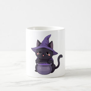 Kawaii Black Cat Witch Halloween Cauldron Coffee Mug