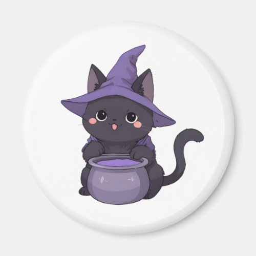 Kawaii Black Cat Witch Halloween Cauldron Magnet