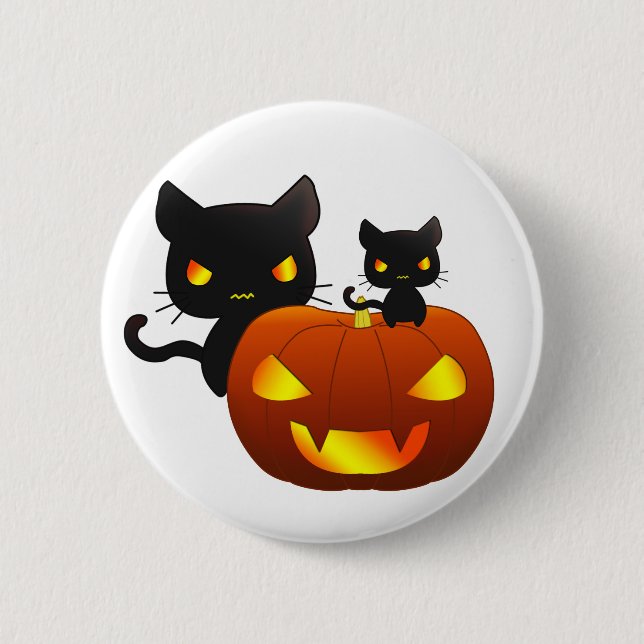 Kawaii black cats and halloween pumpkin pinback button (Front)