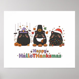 Kawaii Black Cats Happy HalloThanksmas Poster