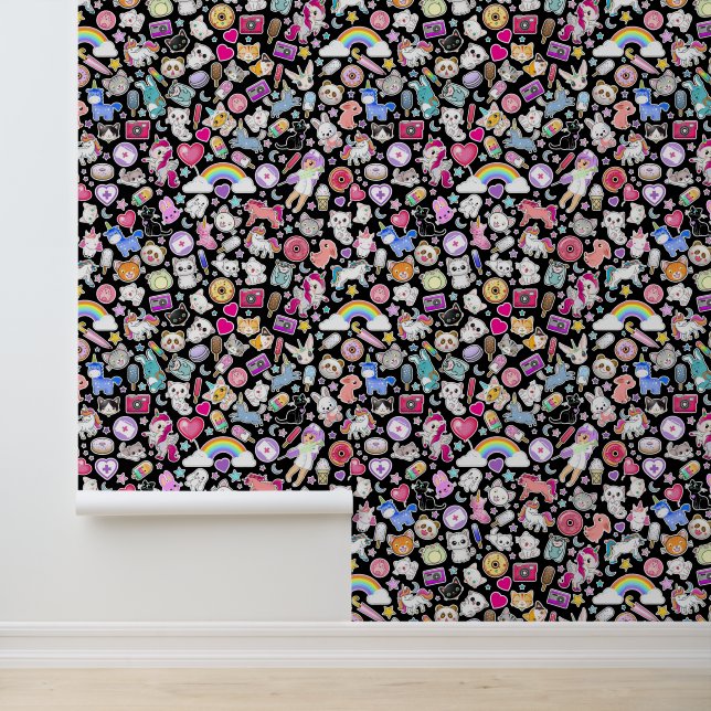 Kawaii Black Doodle Cartoon Kids Nursery  Wallpaper (Application)