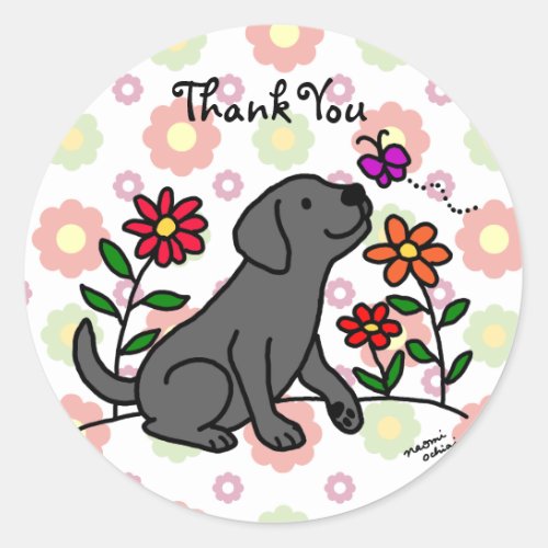 Kawaii Black Labrador Cartoon Floral Classic Round Sticker