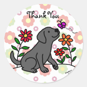 Kawaii Black Labrador Cartoon Floral Classic Round Sticker