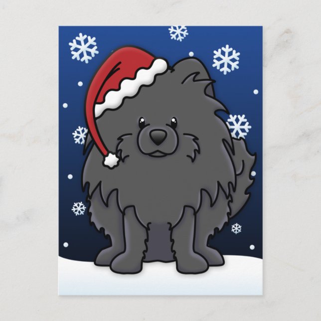 Kawaii Black Pomeranian Christmas Holiday Postcard (Front)