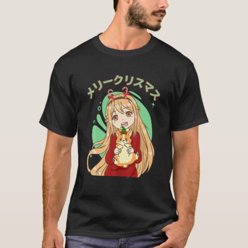 Kawaii Blonde Anime Girl And Corgi Dog Christmas P T_Shirt