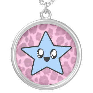 Kawaii Blue Baby Star Pink Leopard Silver Necklace