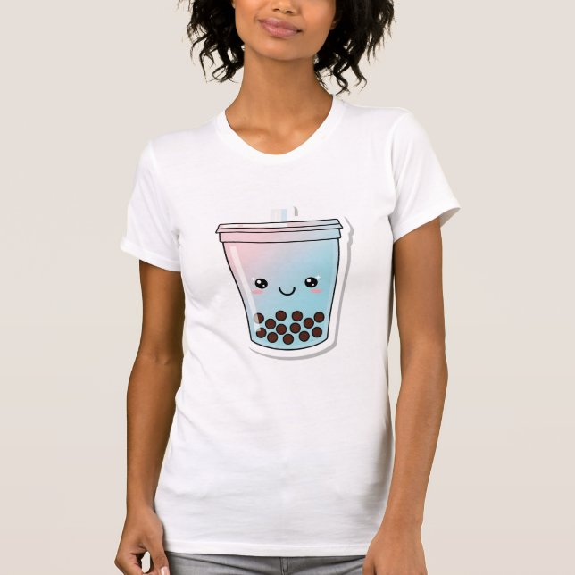 Kawaii Blue Boba Tea T-Shirt | Cute Smiling Bubble (Front)