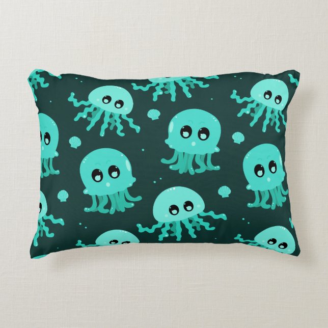 Kawaii Blue Jellyfish Pattern Accent Pillow (Front)