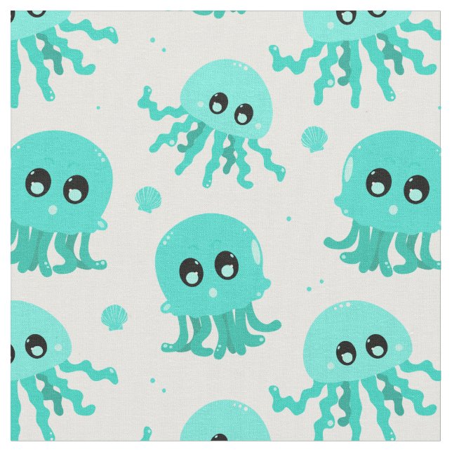 Kawaii Blue Octopus Cute Pattern Fabric (Close Up)