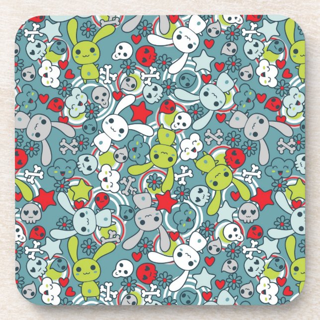 kawaii blue pattern beverage coaster (Front)
