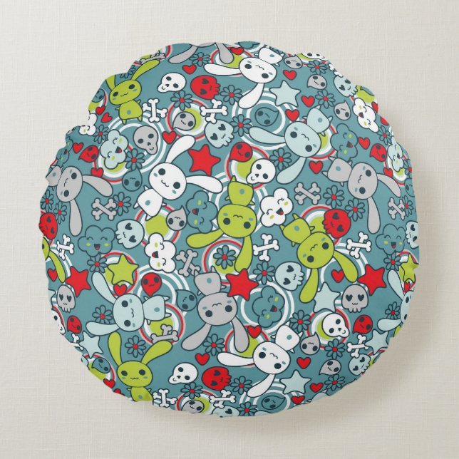 kawaii blue pattern round pillow (Front)