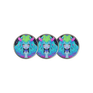 Kawaii Blue, Pink, and Green Anime Girl Demon Golf Ball Marker