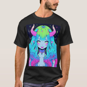 Kawaii Blue, Pink, and Green Anime Girl Demon T-Shirt