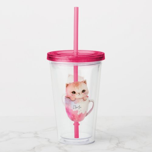 Kawaii Blushing Pink Chibi Cat Acrylic Tumbler