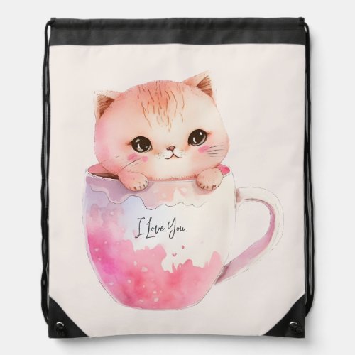 Kawaii Blushing Pink Chibi Cat Drawstring Bag