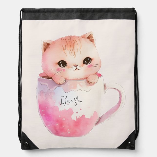 Kawaii Blushing Pink Chibi Cat Drawstring Bag (Front)