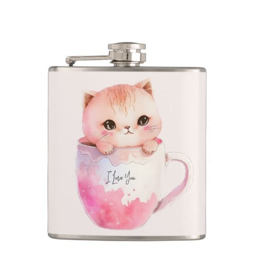 Kawaii Blushing Pink Chibi Cat Flask