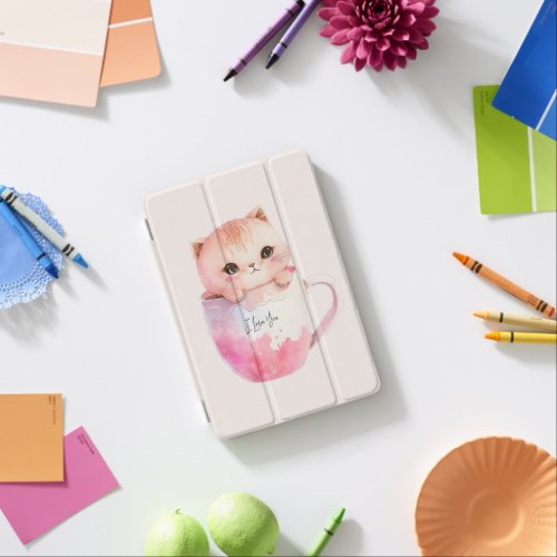 Kawaii Blushing Pink Chibi Cat iPad Mini Cover