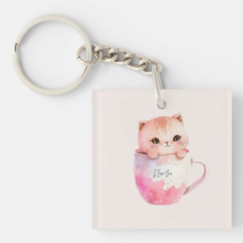 Kawaii Blushing Pink Chibi Cat Keychain