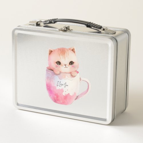 Kawaii Blushing Pink Chibi Cat Metal Lunch Box