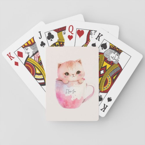 Kawaii Blushing Pink Chibi Cat Poker Cards