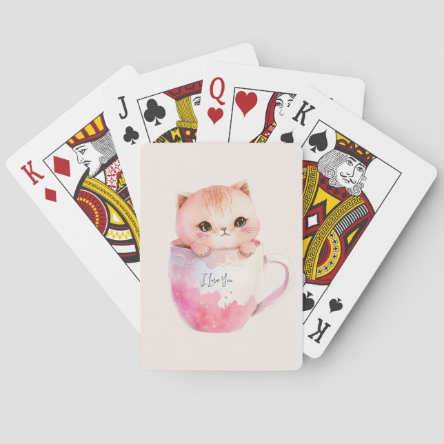 Kawaii Blushing Pink Chibi Cat Poker Cards (Back)