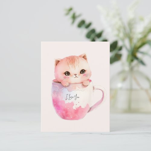 Kawaii Blushing Pink Chibi Cat Postcard