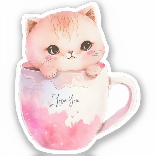Kawaii Blushing Pink Chibi Cat Sticker (Front)