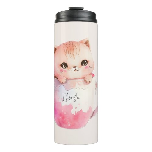 Kawaii Blushing Pink Chibi Cat Thermal Tumbler