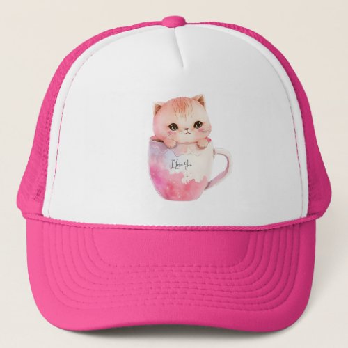Kawaii Blushing Pink Chibi Cat Trucker Hat