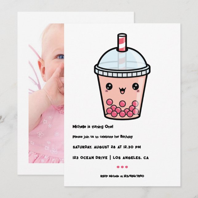Kawaii Boba Tea First Birthday Party Photo Invitation (Front/Back)