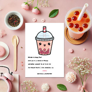 Kawaii Boba Tea First Birthday Party Photo Invitation