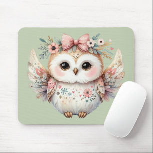Kawaii Boho Owl Illustration Green Mouse Pad