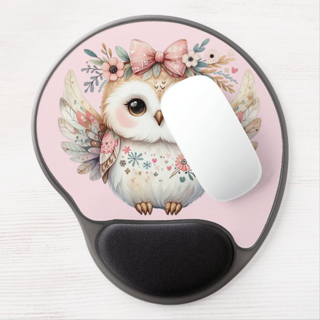 Kawaii Boho Owl Illustration Pink Gel Mouse Pad (Left Side)