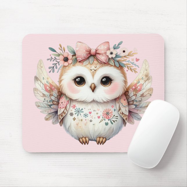Kawaii Boho Owl Illustration Pink Mouse Pad (With Mouse)
