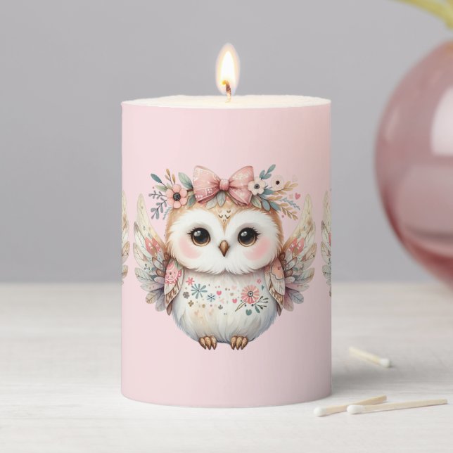 Kawaii Boho Owl Illustration Pink Pillar Candle (In Situ)