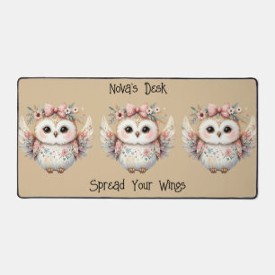 Kawaii Boho Owl Illustration Taupe Desk Mat