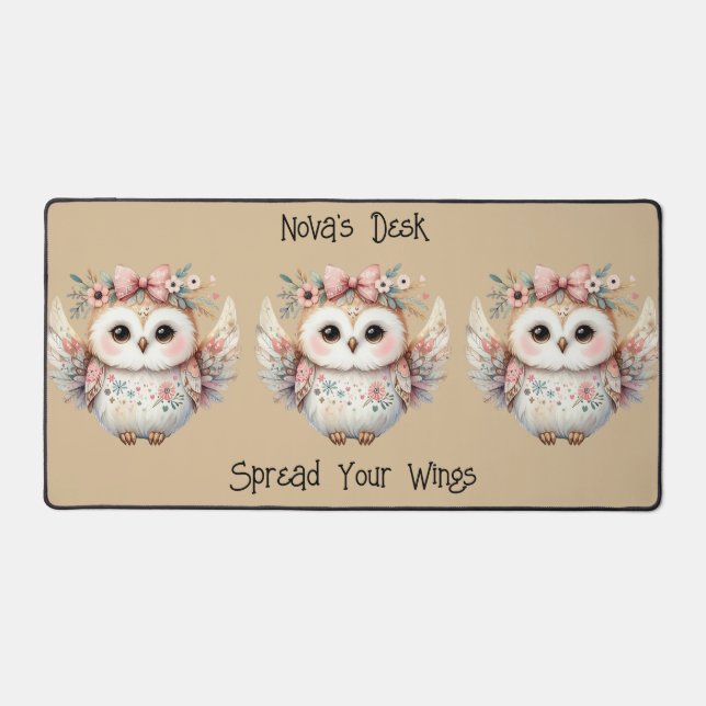 Kawaii Boho Owl Illustration Taupe Desk Mat (Front)