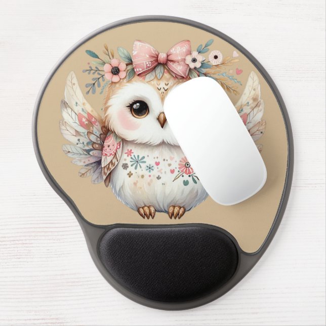 Kawaii Boho Owl Illustration Taupe Gel Mouse Pad (Left Side)