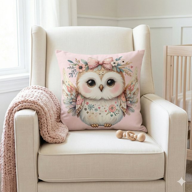 Kawaii Boho Owl Illustration Throw Pillow (Kawaii Boho Owl Illustration Pink Throw Pillow Mockup A)