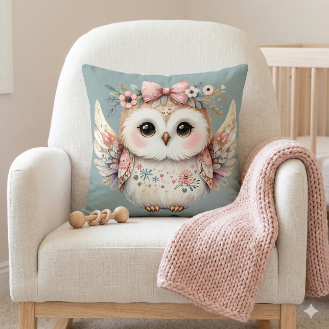 Kawaii Boho Owl Illustration Throw Pillow (Kawaii Boho Owl Illustration Blue Throw Pillow Mockup A)