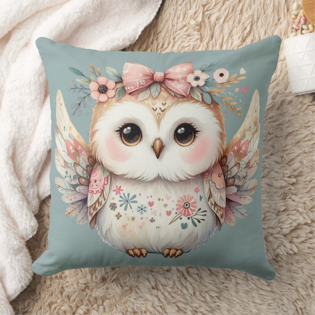 Kawaii Boho Owl Illustration Throw Pillow (Blanket)